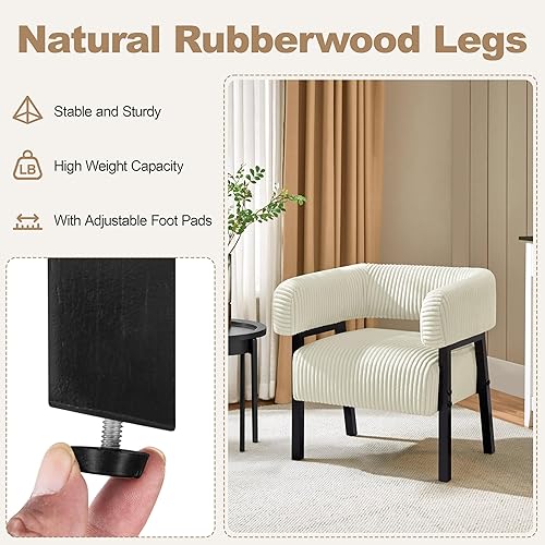 Miniatura 6 de Yaheetech Juego de 2 sillas de pana con diseño de barril, sillón tapizado moderno con patas de madera maciza, acogedora silla de ocio con asiento en