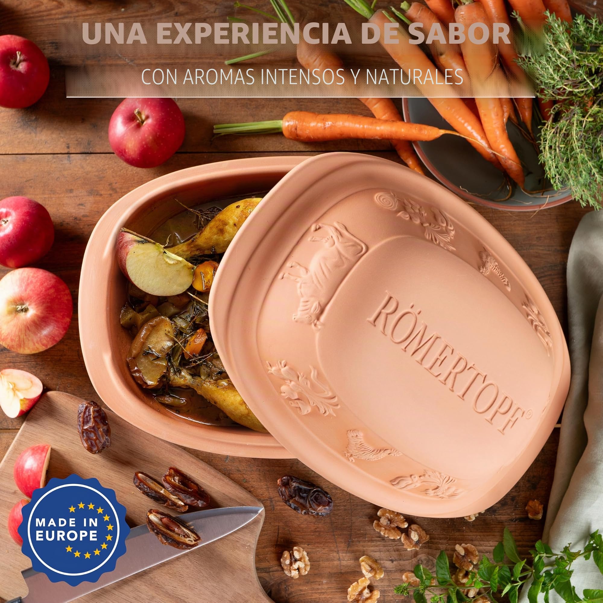 Römertopf RUSTICO – Cazuela de cerámica con tapa para 4 personas, 3 L, para guisar y asar, apta para horno, color beige