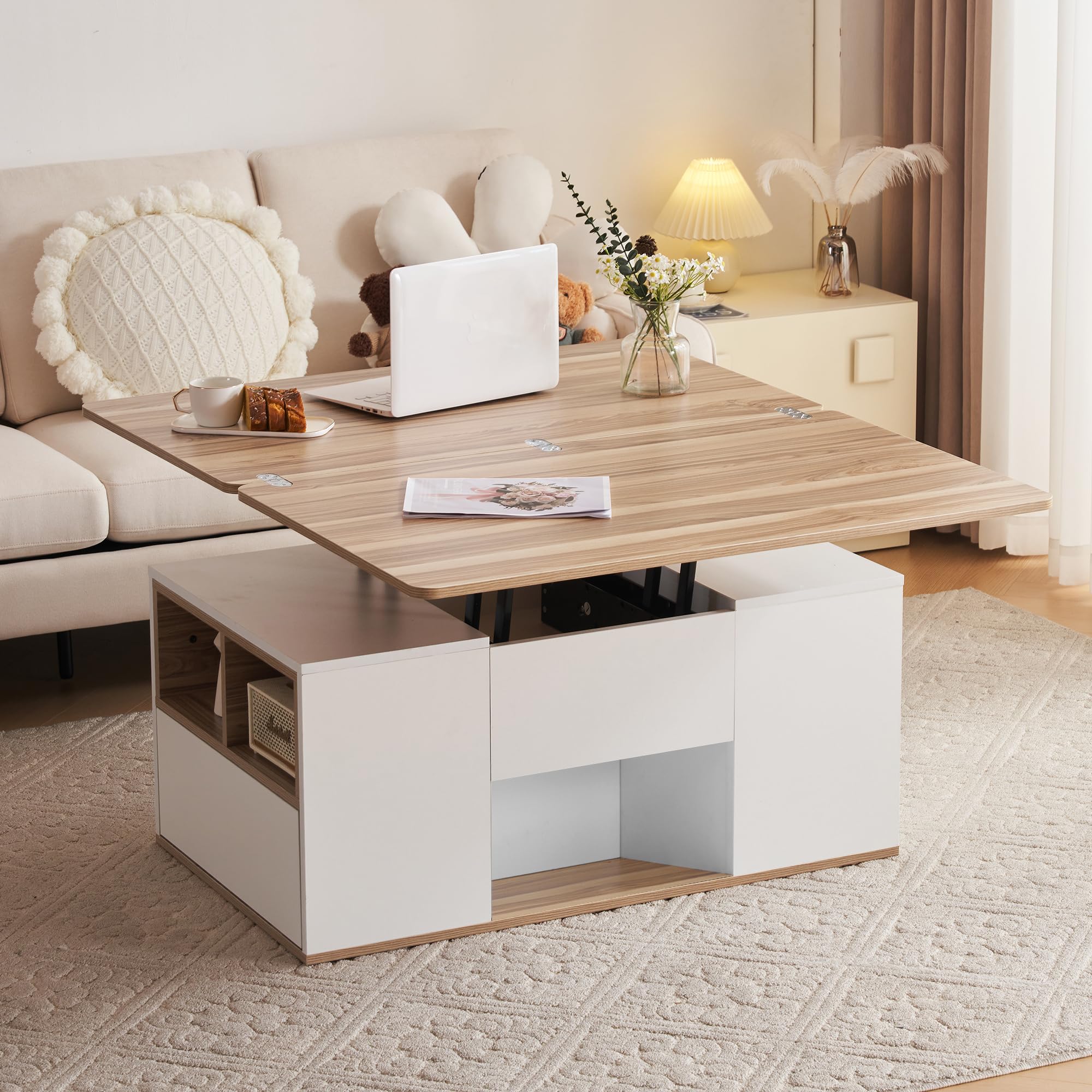 HAINEW Moderne salontafel vierkant functionele salontafel met 4 laden en onderste opbergruimte, woonkamertafel, banktafel, koffietafel, bijzettafel van hout (wit - hoogglans