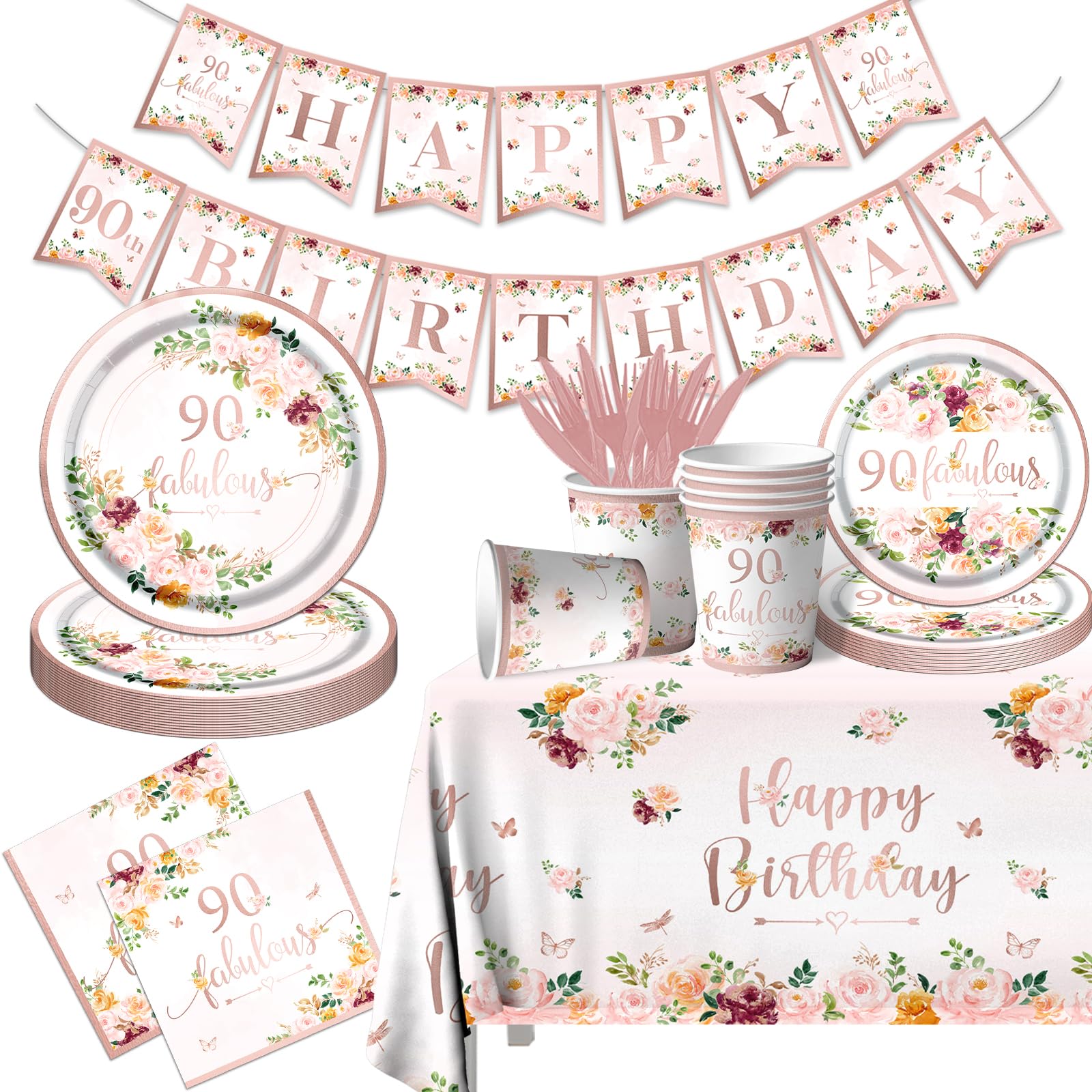 Rose Gold 90th Birthday Party Decorations - Tableware Set with Plates, Napkins, Tablecloth & Floral Table Decoration for Men & Women - 90 Fabulous