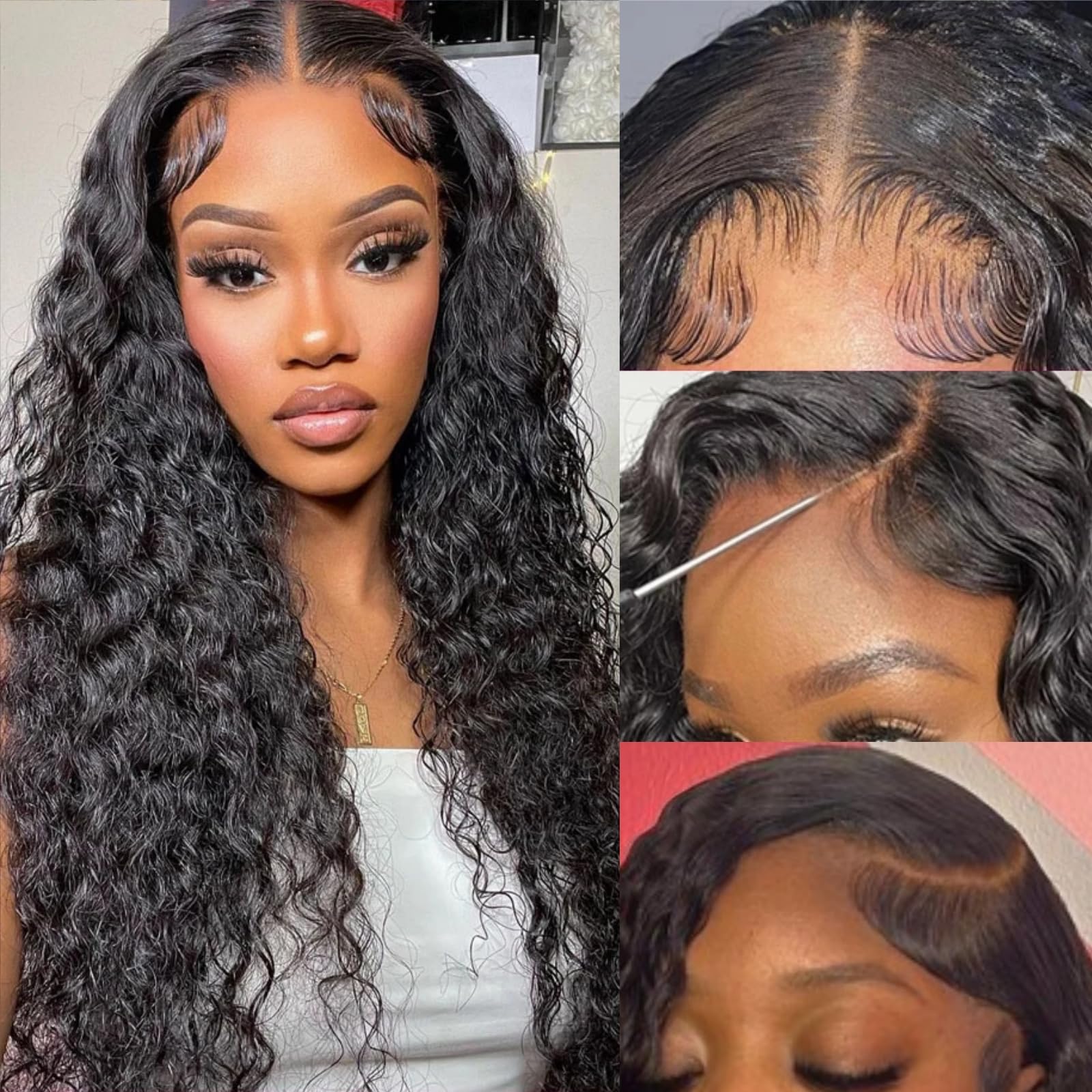 Deep Wave Lace Front Wig Hd Transparent Lace Closure Wigs Curly Human Hair for Black Women Pre Plucked with Baby Hair Pineapple Wave Wig Glueless Natural Color 16 Inch