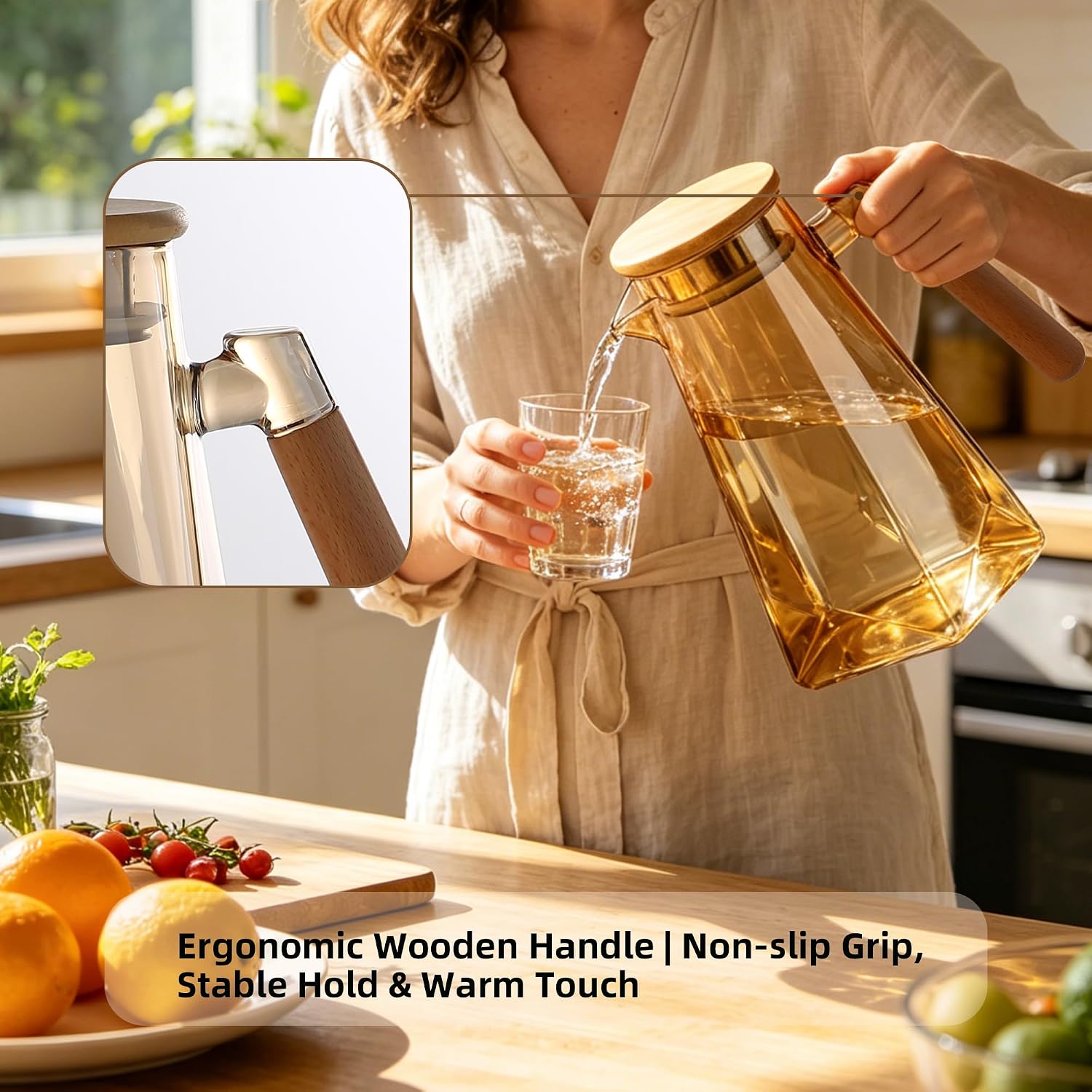 1.8 Liter 60 oz Glass Pitcher with Wooden Lid & Handle - Heat-Resistant Borosilicate Jug with Trident Star Design, Perfect for Iced Tea, Lemonade, Cold Brew & Party Drinks (Amber, 60 oz)