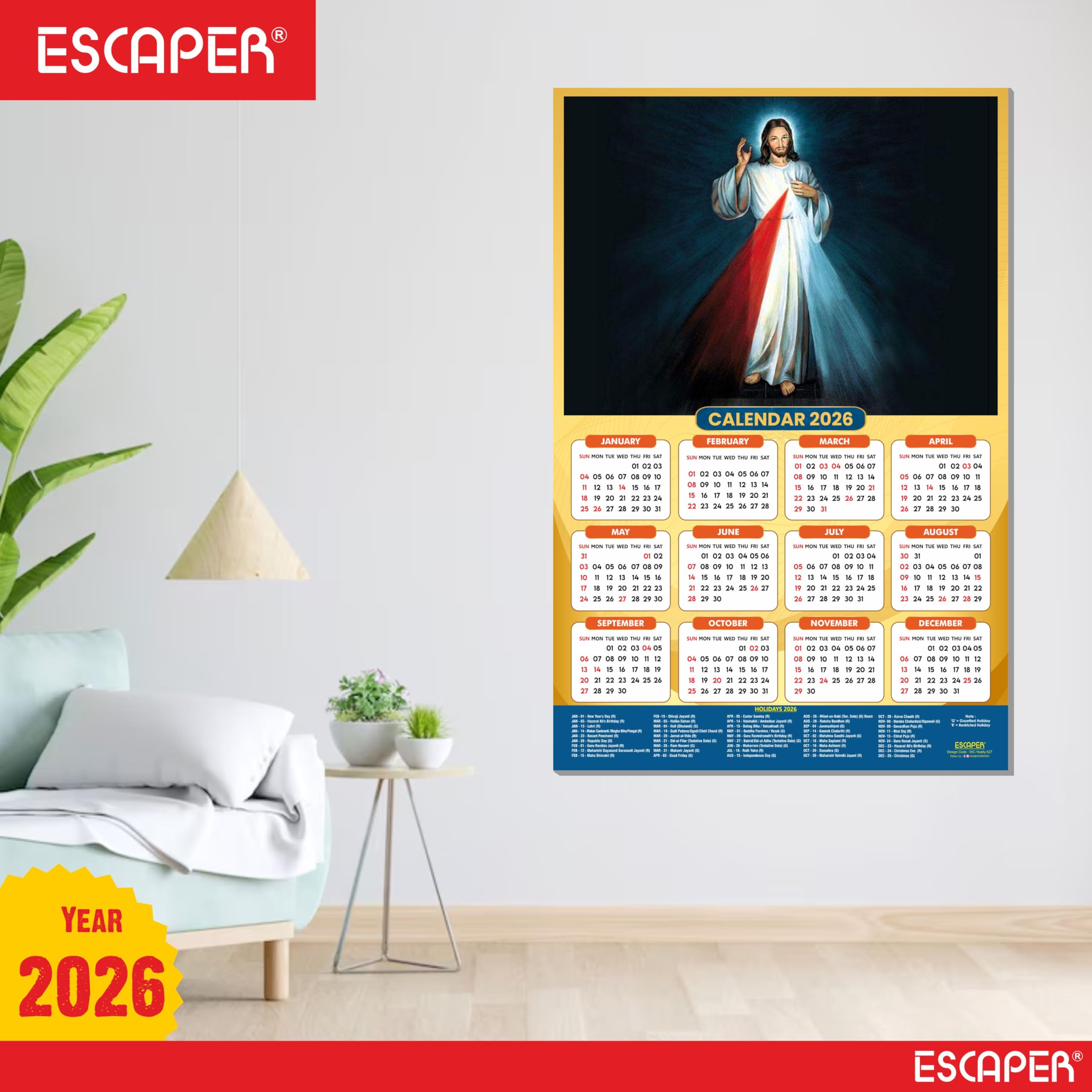 ESCAPER Calendario de pared de Jesús 2026, calendario cristiano laminado de 12 x 18 pulgadas, día festivo indio, decoración religiosa de Isa Masih para el hogar y la oficina