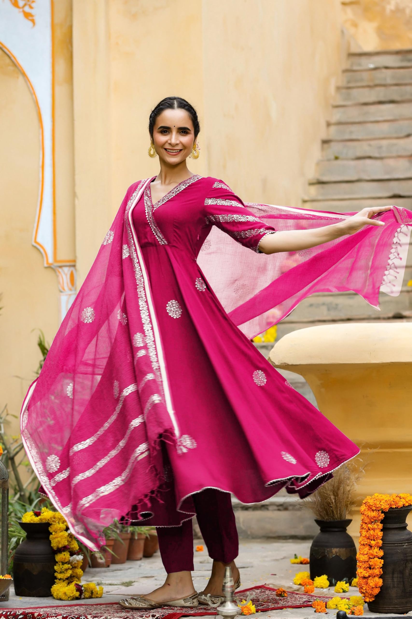 GoSriKi Women's Rayon Blend Anarkali Printed Kurta with Pant & Dupatta (Berlin Pink-GS_XL_Pink_X-Large) - Image 8 thumbnail