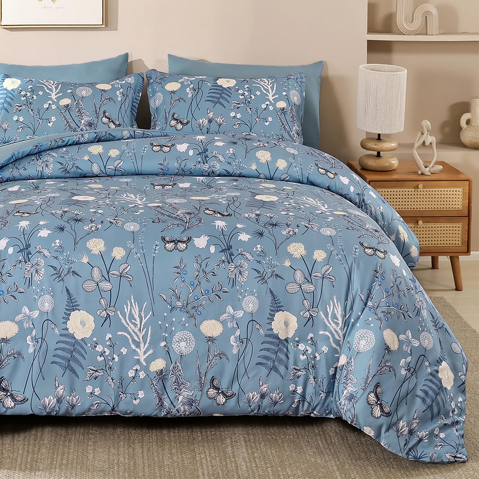 WONGS BEDDING King Size Duvet Cover Sets 3 Piece Floral Bedding Sets, Blue