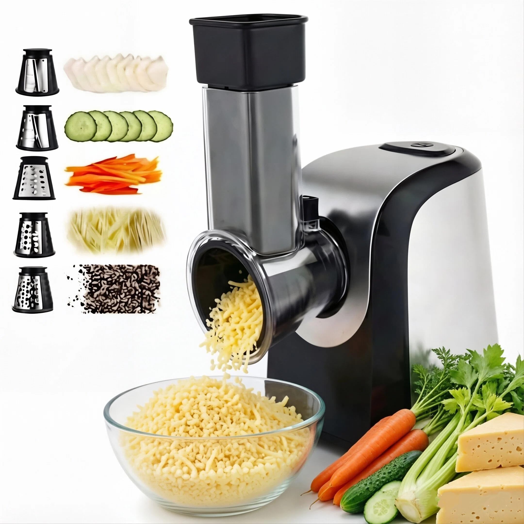 Râpe Électrique 5 en 1 150W, Coupe-Légumes avec 5 Lames en Acier Inoxydable pour Fromage, Fruits et Légumes, Sans BPA & Lavable au Lave-Vaisselle