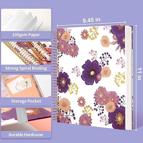 Miniatura 7 de CAGIE Cuaderno en espiral de tapa dura 8.5 x 11, cuaderno en espiral floral de 200 páginas con bolsillos, cuadernos encuadernados en espiral grandes