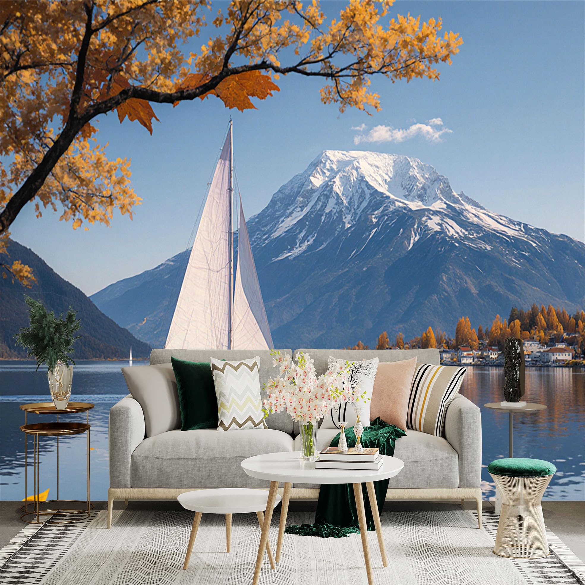 Custom Size Wall Sticker Mural， Sailboat on Calm Lake， Majestic Snow Capped Mountains， Autumn Foliage， Peaceful Nature Scenery， for wall Decoration， peelandstick wall Decals.