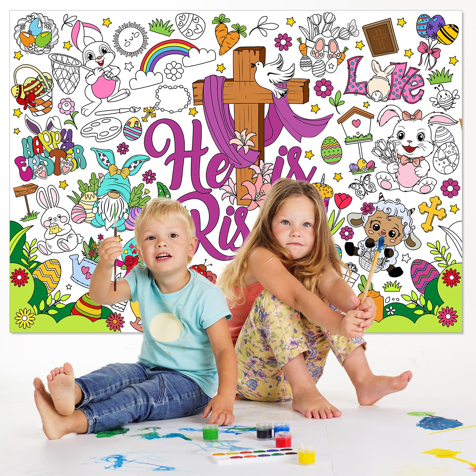 HOWAF Easter He is Risen Coloring Poster with 24pcs Paint Pens,Happy Easter Religious Themed Jumbo Paper Coloring Banner,Jesus Easter Coloring Tablecloth for Kids Easter Party Favors - Image 6