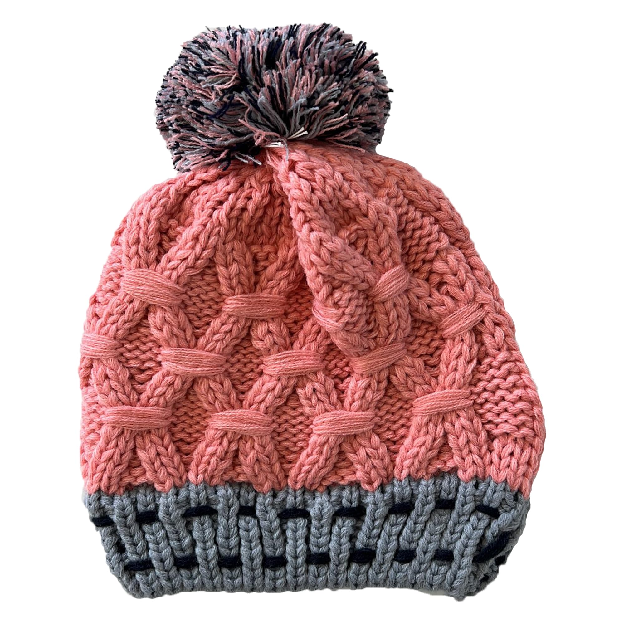 Heatwave Rio Womens Chunky Knit Bobble Hat Designer Beanie Pom Pom Hats Winter Ski Stylish Warm Perfect Headwear for Cold Weather Outdoor Activities, Pink