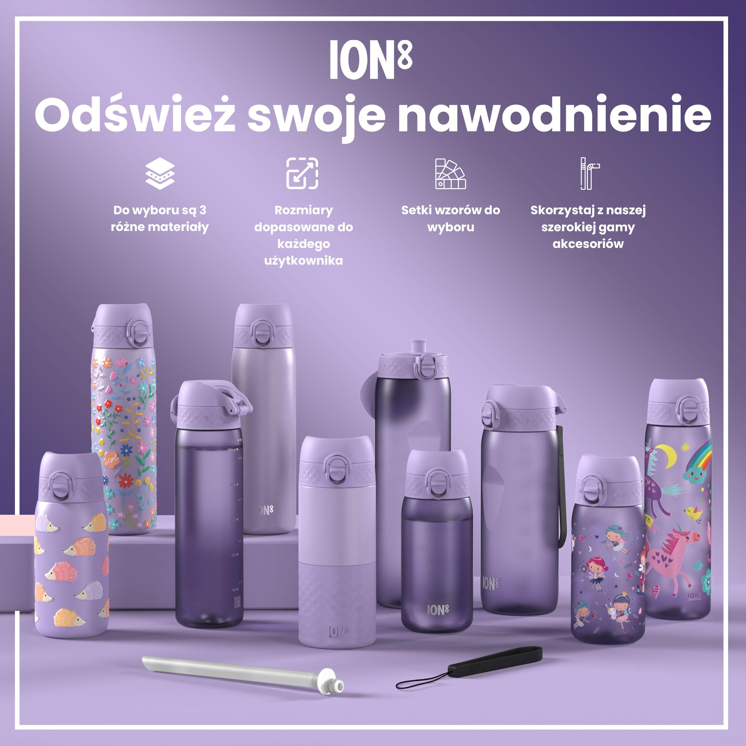ION8 Termoizolowana Butelka na Wodę, Stali Nierdzewnej, 500 ml/18 oz, Szczelna, Łatwa w Otwieraniu, Bezpieczny Zamek, Można Myć w Zmywarce, Uchwyt do Przenoszenia, Metalowa Butelka, Liliowe Jednorożce