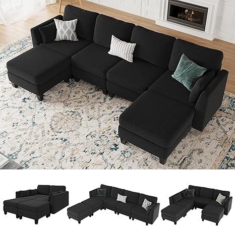 Modular Sectional Sofa, Convertible U Shaped Sofa Couch with High Density Memory Foam, 6 Seat Comfy Modular Sofa Couch for Living Room, Modern U Shaped Sectional Sofa, Black