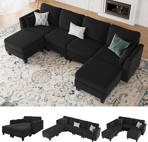 Modular Sectional Sofa, Convertible U Shaped Sofa Couch with High Density Memory Foam, 6 Seat Comfy Modular Sofa Couch for Living Room, Modern U Shaped Sectional Sofa, Black
