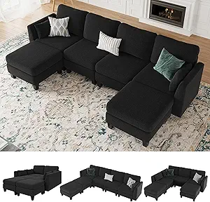 Modular Sectional Sofa, Convertible U Shaped Sofa Couch with High Density Memory Foam, 6 Seat Comfy Modular Sofa Couch for Living Room, Modern U Shaped Sectional Sofa, Black