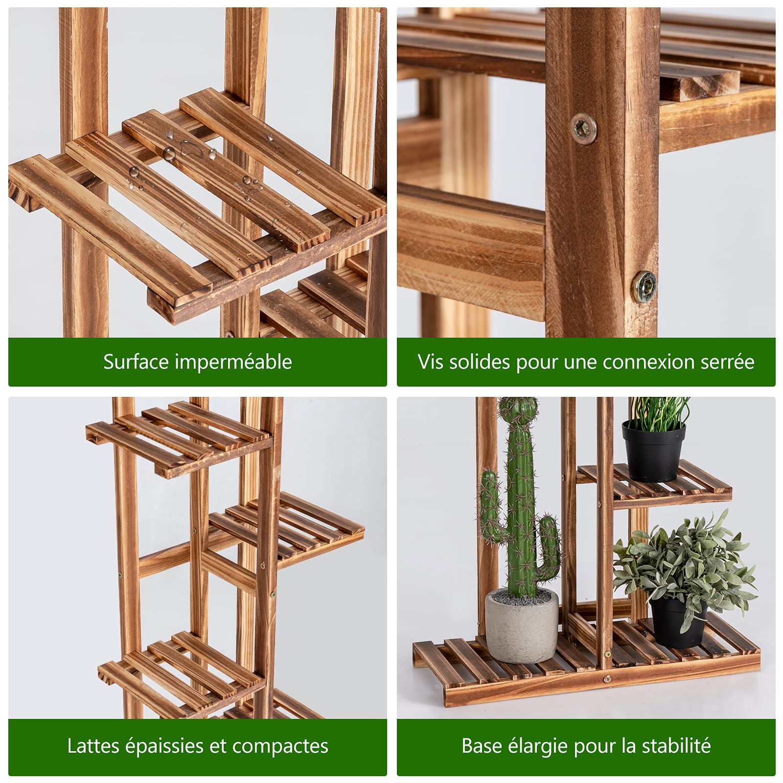 COSTWAY Étagère pour Plantes en Bois de Pin 6 Niveaux Autoportante pour 7 Pots de Fleurs avec Dispositif Anti-Dumping Intérieur/Extérieur Naturel