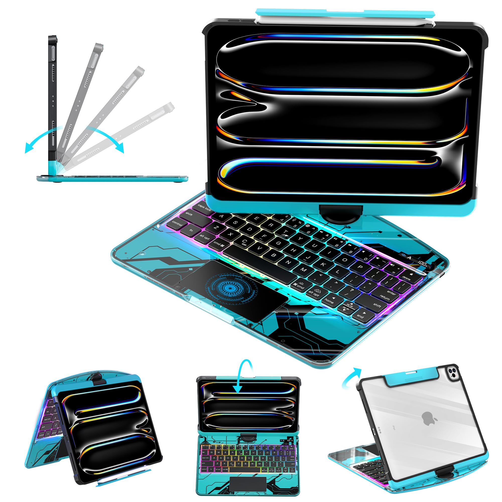 Clear Keyboard Case for iPad Pro 11 Inch (M4/M5 2024/2025) 360° Swivel Multi-Touch Trackpad,with Wireless Bluetooth 3-Brightness &amp; 7-Color Backlit, Pencil Holder tecla de acceso directo Blue