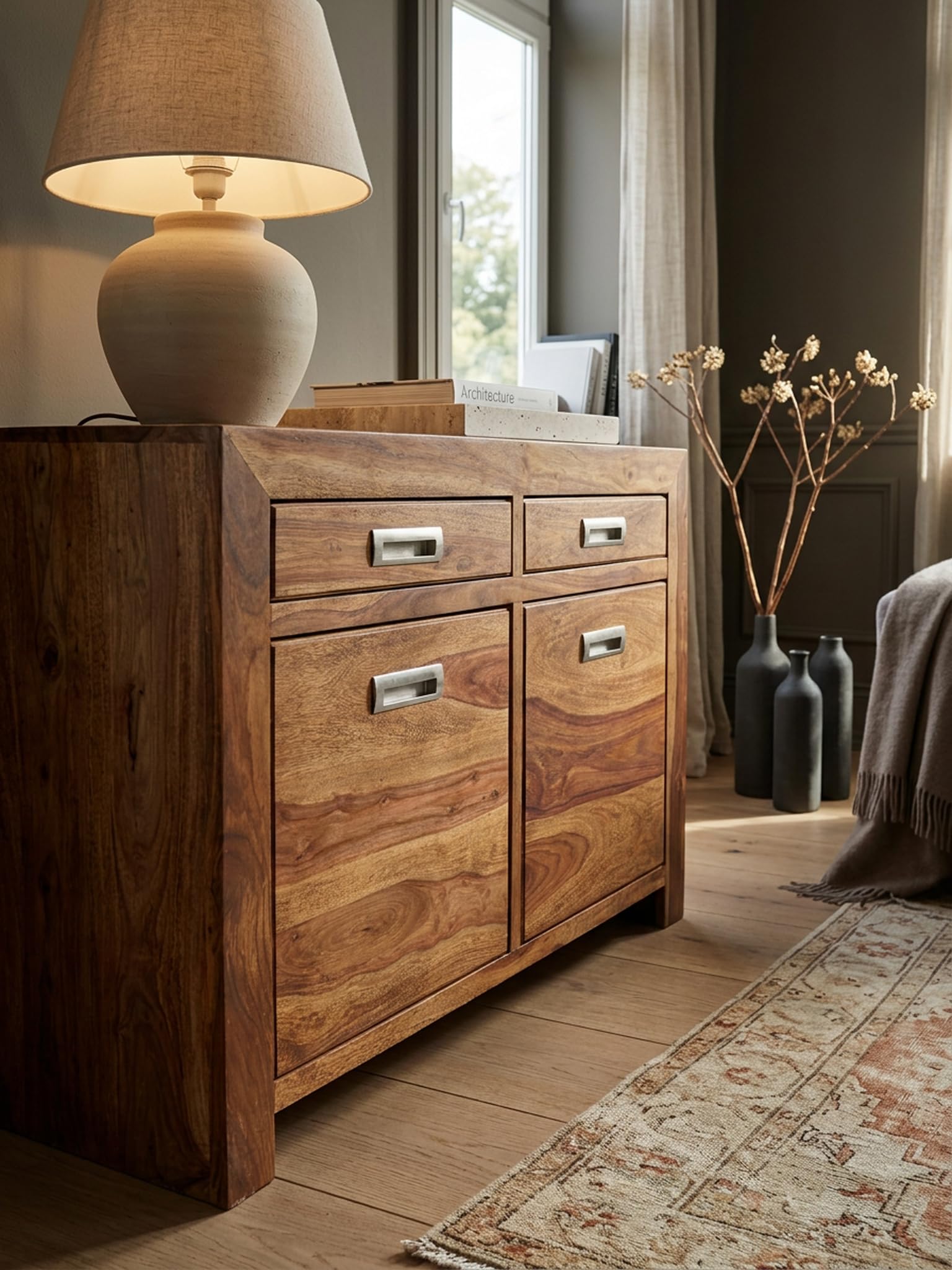 Buffet en bois massif Sheesham 90 cm, avec 2 portes et tiroirs, grand espace de rangement, idéal pour le couloir ou le salon, fait à la main