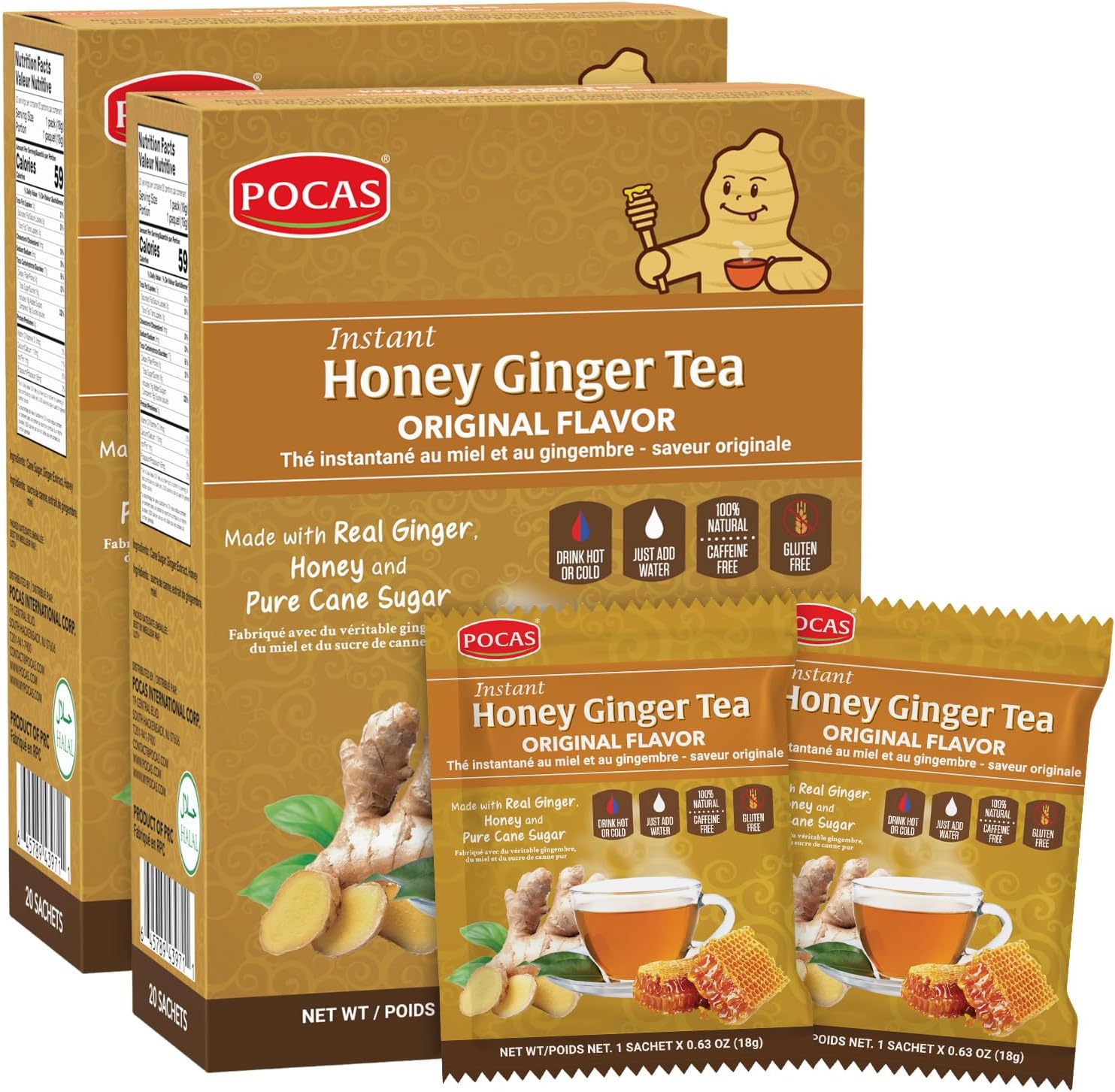Pocas Honey Ginger Instant Tea Powder 2-Pack with Ginger Extract & Real Honey, Caffeine-Free Tea, 20 Packets per Box