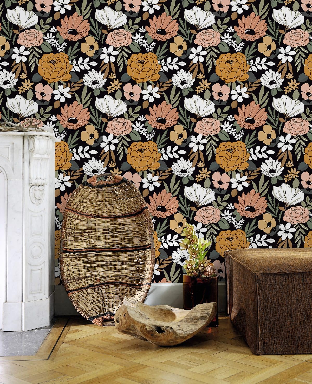 Boho Floral Peel and Stick Wallpaper, Black/Green/Brown Retro Self Adhesive Wall Decor for Bathroom, Kitchen, Accent Wall, Vintage Renter Friendly Contact Paper for Cabinet, Countertop, 17.5” x 118”