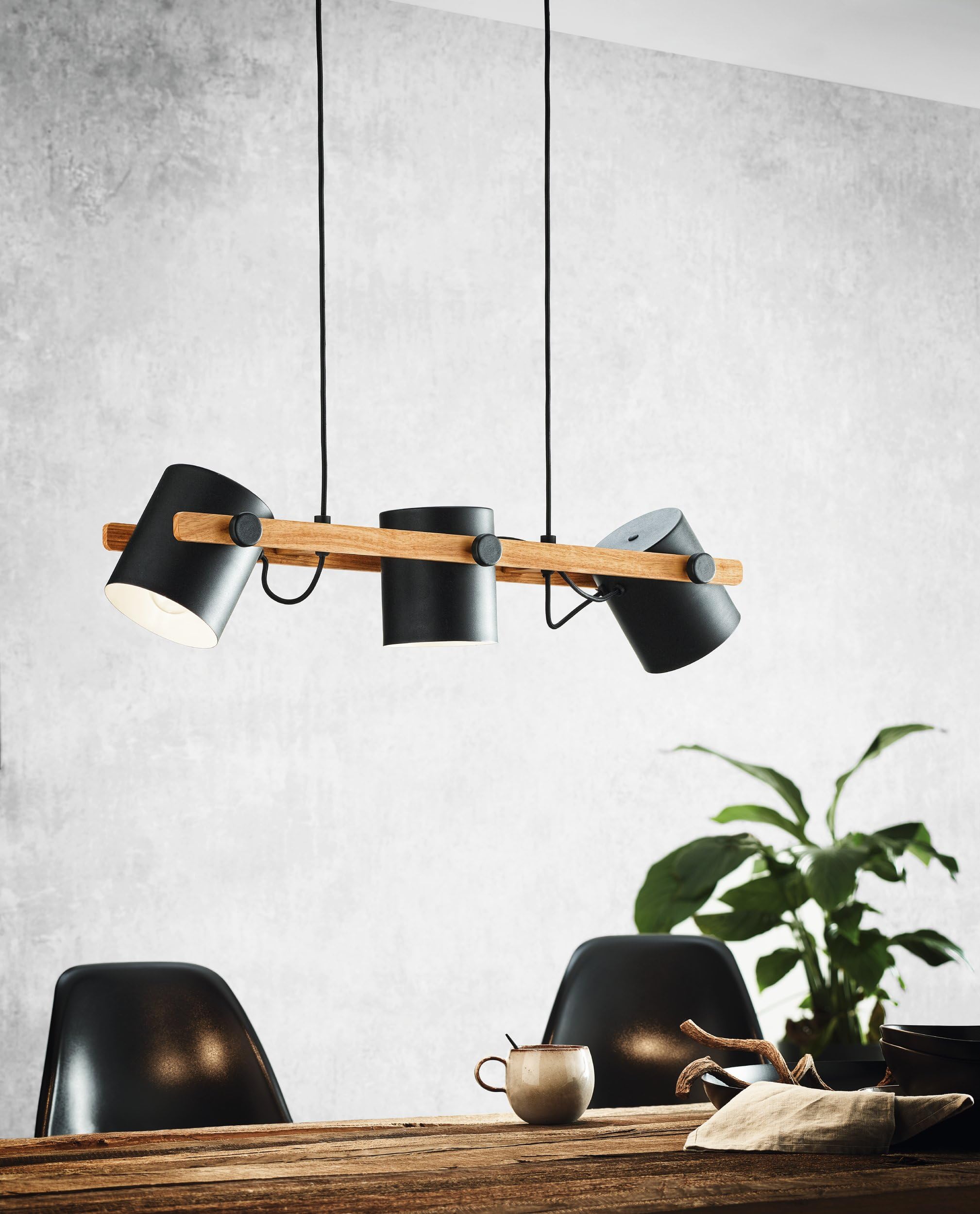 EGLO HORNWOOD żyrandol w stylu vintage, 3 płomienie, industrialny design, lampa wisząca w stylu retro, stal i drewno, czarny, kremowy, brązowy, certyfikat FSC, oprawka E27