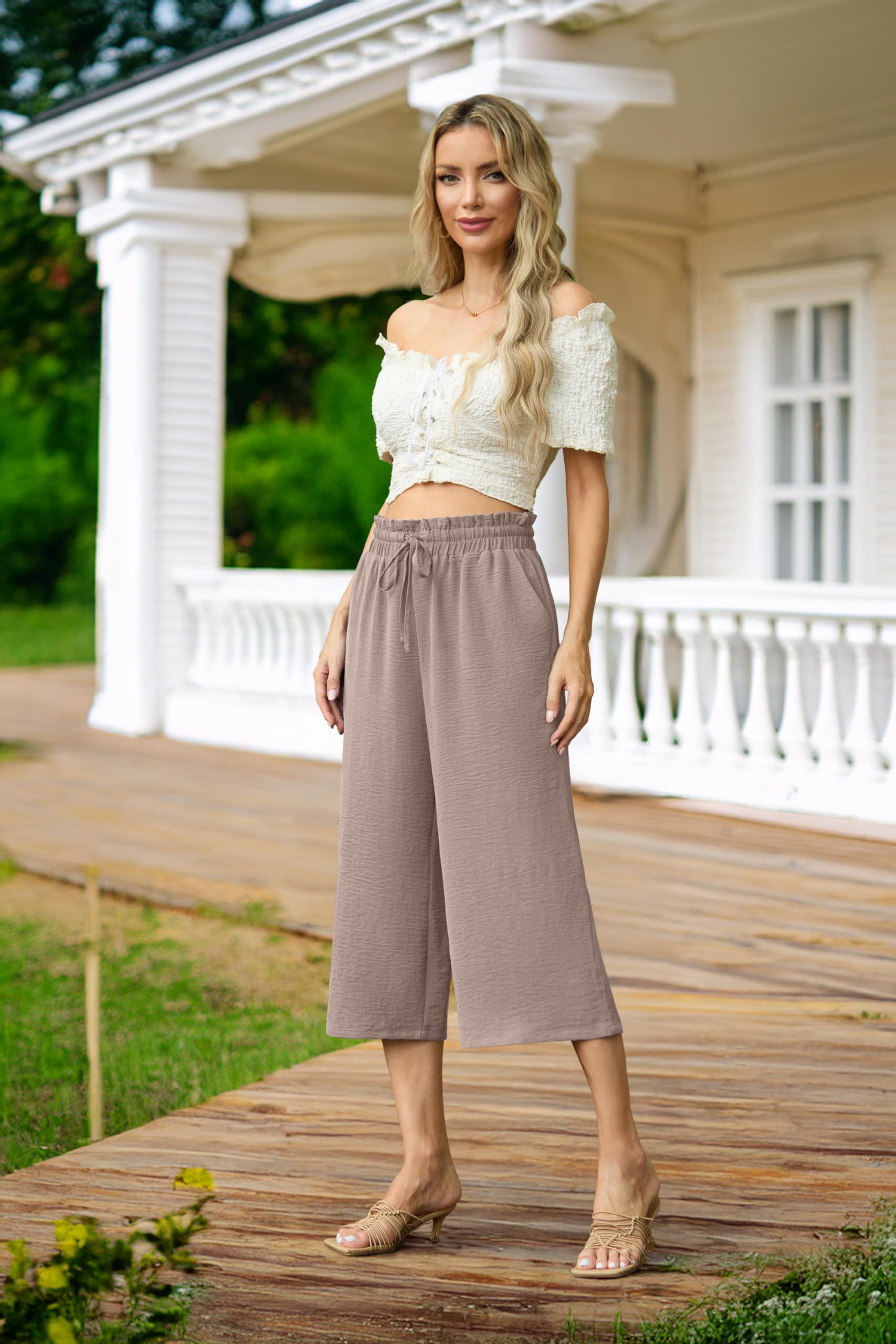 QIXING Pantaloni Capri da donna a 3/4, a vita alta, gamba larga, estivi, con tasche, coulisse regolabile