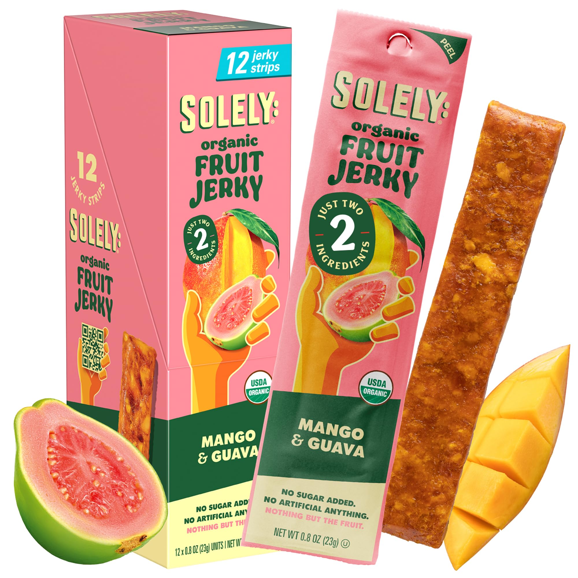 SOLELY - Organic Mango Guava Fruit Jerky - 12 Individually Wrapped Strips (12-Pack) - Fruit Leather Made from Dried Fruit - Healthy Snacks for Adults & Kids - Non GMO, Vegan Snacks - 0.8oz (23g)