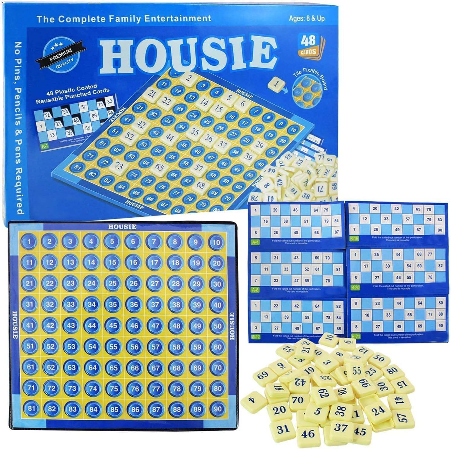 Qukiy Housie Game Set with 48 Reusable Cards & Tile Fixable Board Family Game