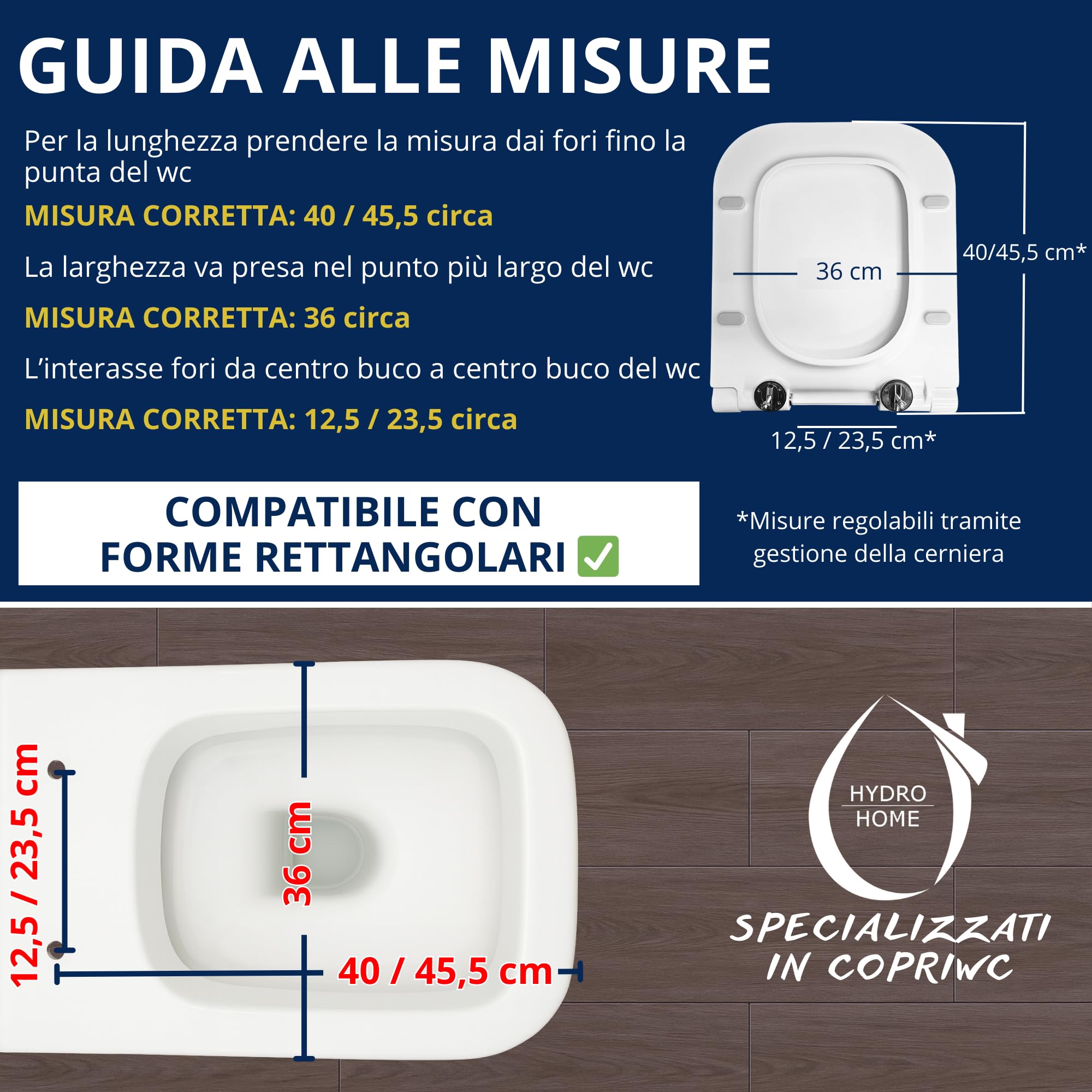 HYDRO HOME Copriwater Forma Rettangolare Super Sottile Slim Chiusura Ammortizzata e Sgancio Rapido Compatibile con vari modelli, Plastica Termoindurente Cerniere Regolabili fissaggio dall'alto Bianco