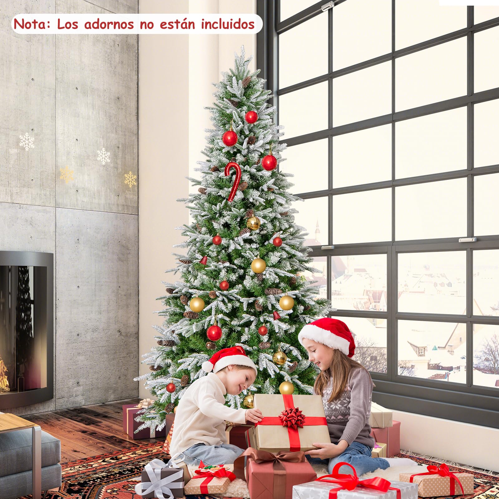COSTWAY Árbol de Navidad Nevado 225 cm, Arbol de Navidad con Luces Incorporadas, 470 Luces LED Blanco Cálido, 81 Piñas, 1135 Ramas de PE y PVC, Arvore de Natal Hogar Oficina Fiesta (225cm)
