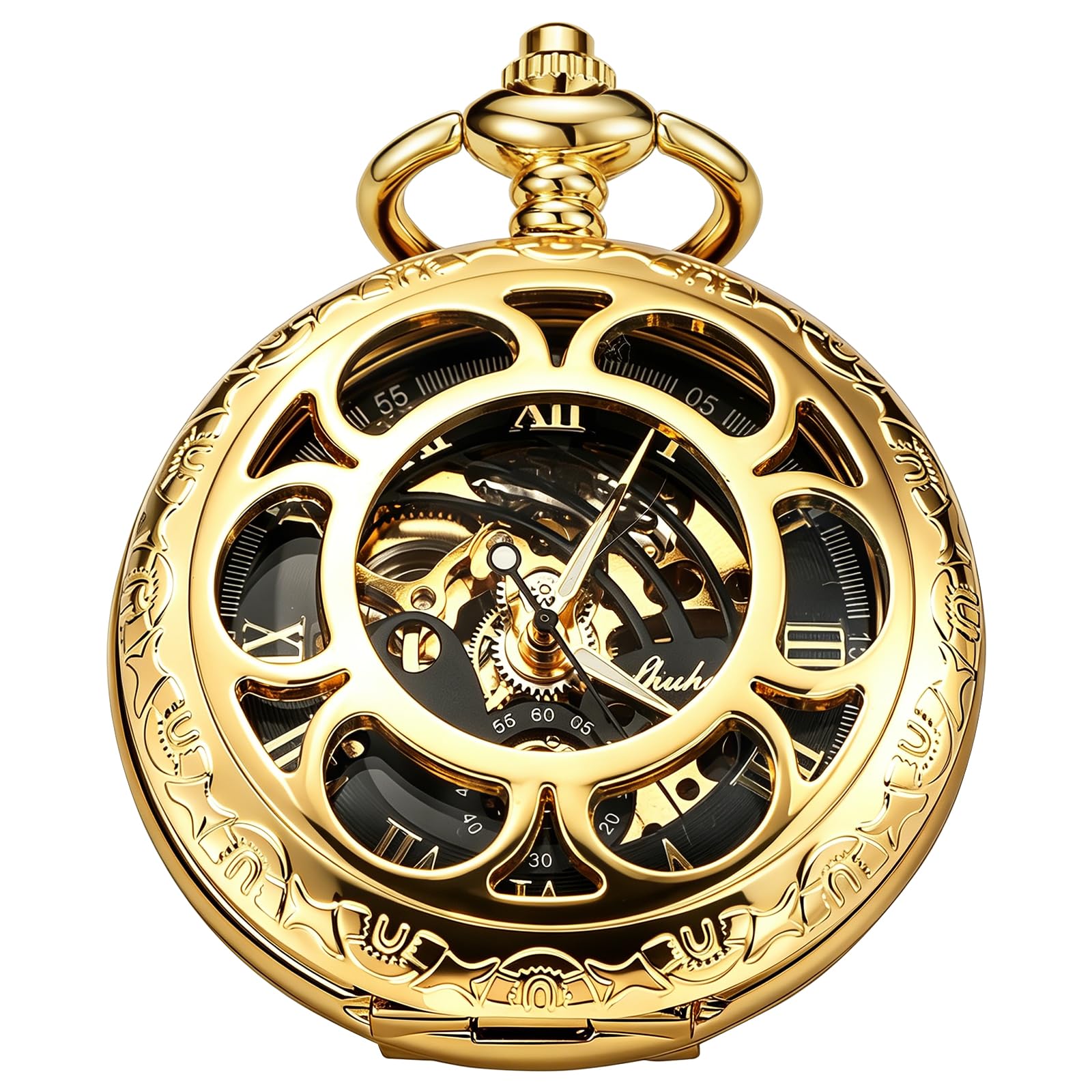 Mens Mechanical Pocket Watch,Roman Numeral Dial Moon Phase Design