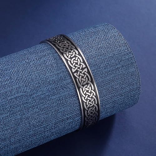 Miniatura 6 de TEAMER Pulsera de nudo celta irlandés nórdico de acero inoxidable vikingo de nudo celta vikingo, brazalete negro de plata antigua para hombres, 2,4