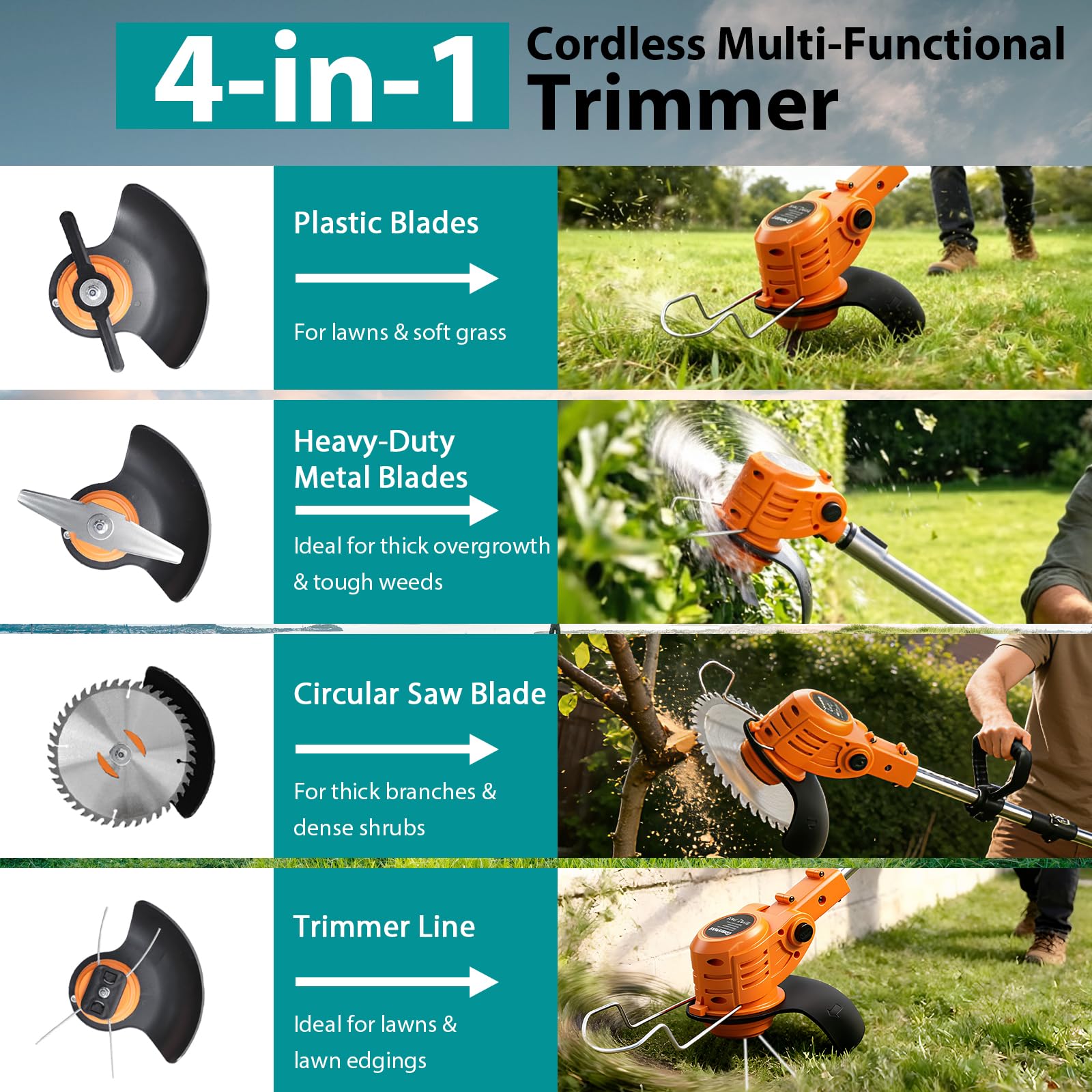 Akku Rasentrimmer mit Akku, Elektrischer Rasentrimmer mit 4 Messertypen, Elektrischer Freischneider mit 2X2.0AH Akku, Rasenkantenschneider mit Verstellbarer Griff und Winkel des, für Garten und Rasen