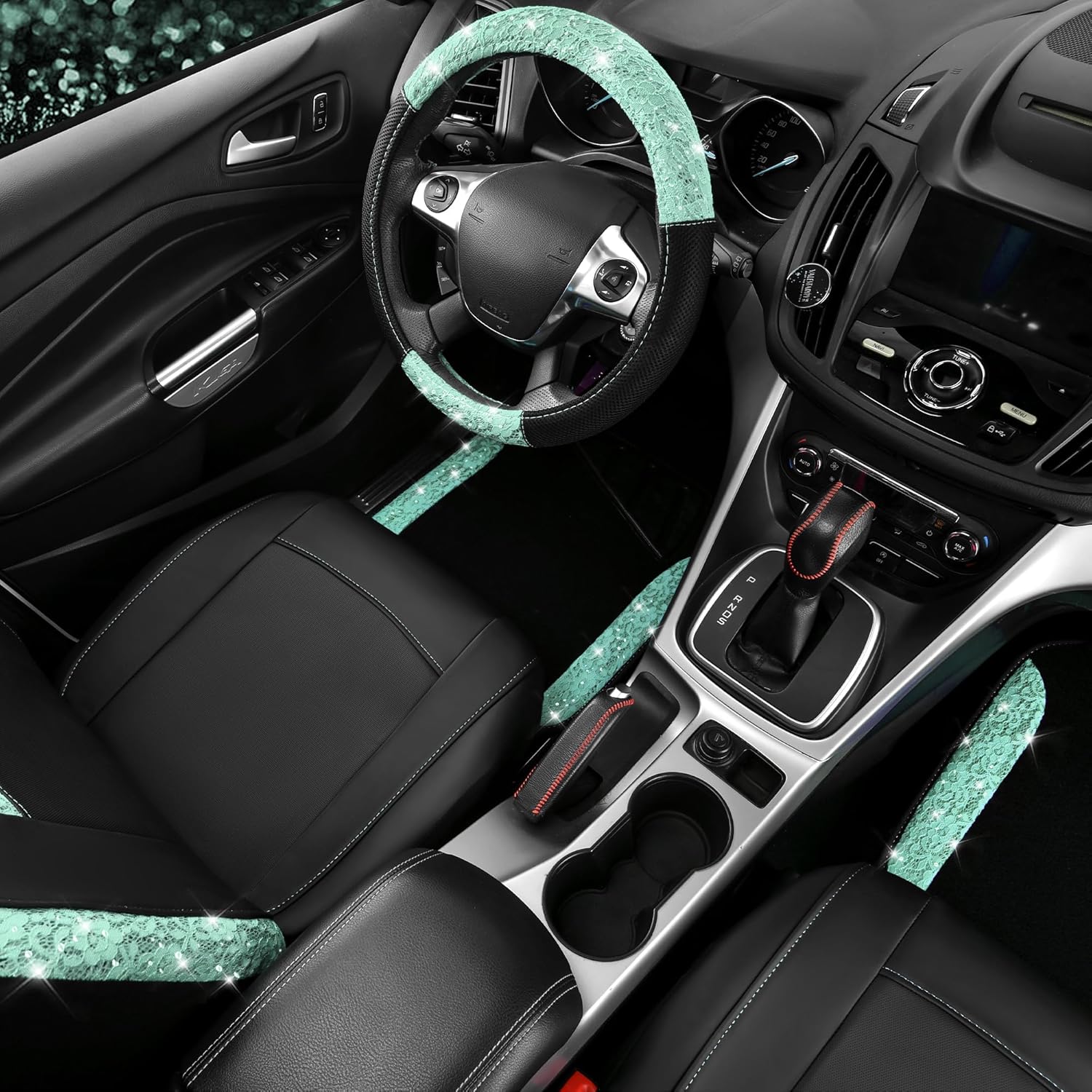 CAR PASS Universal Mint Leather Lace Car Seat Covers Full Set for Women Girls, Waterproof Car Floor Mats Carpet, Glitter Steering Wheel Cover for Car Accessories Interior Sets,10PCS Included - Image 3