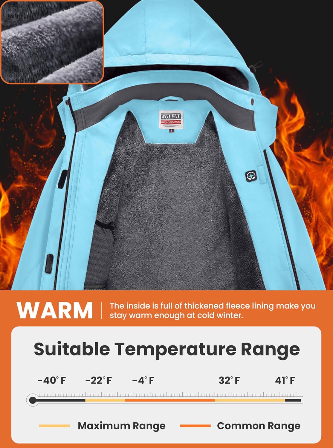 WULFUL Women’s Waterproof Ski Jacket Warm Winter Coats Windproof Winter Jackets for Women Fleece Lined Windbreaker with Hood