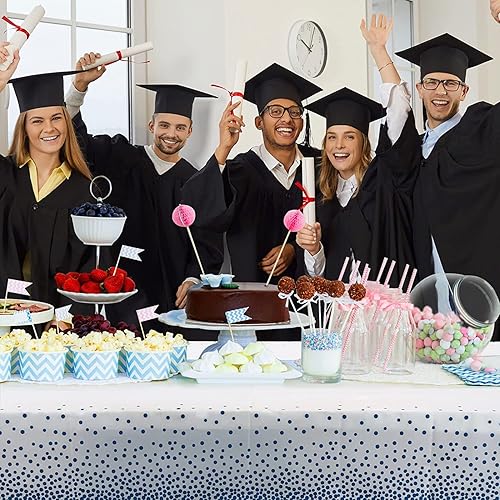 Miniatura 6 de Paquete de 24 manteles de plástico desechables y camino de mesa de satén, mantel blanco y azul, camino de mesa de satén para boda, cumpleaños, baby