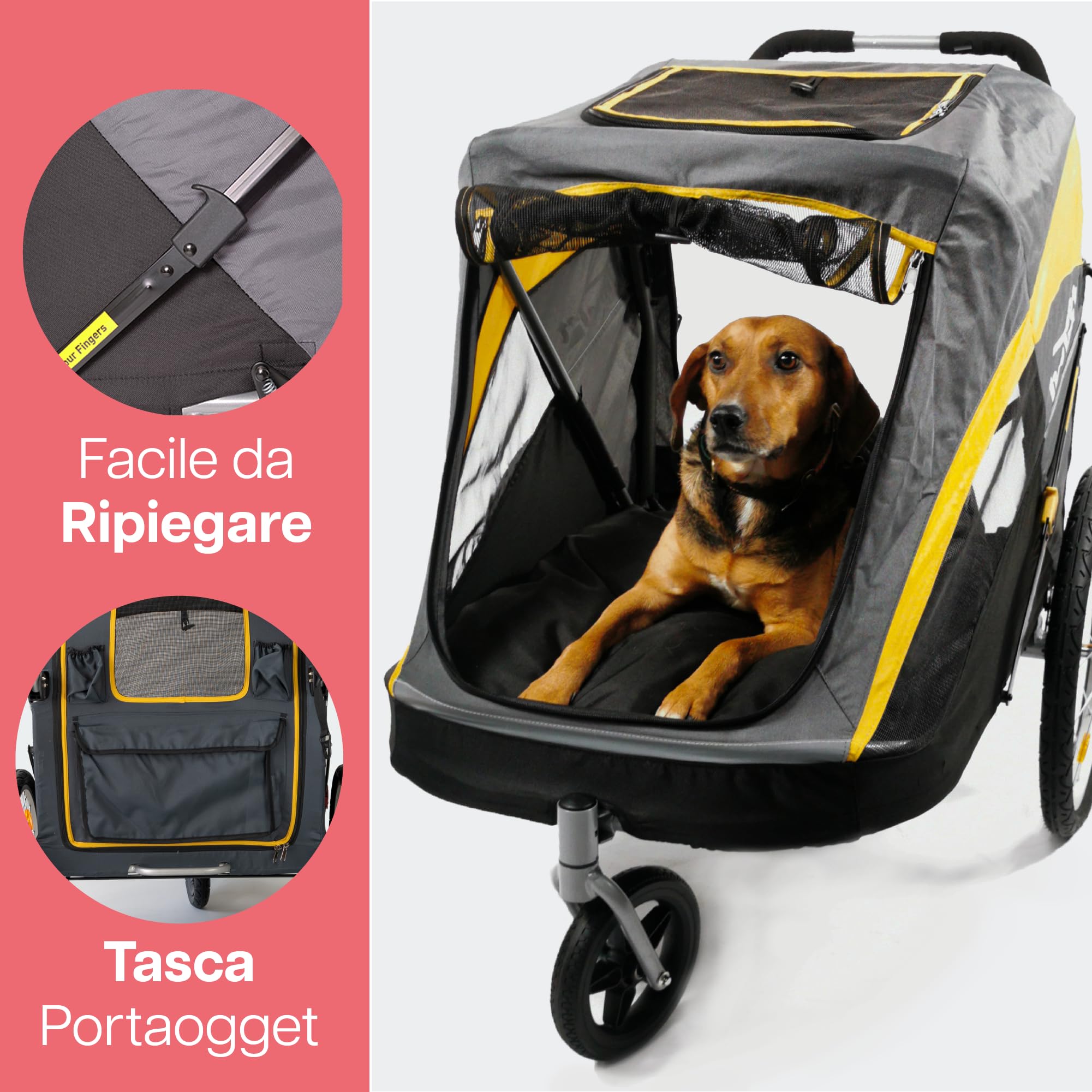 Innopet Hercules 2-in-1 Dog Stroller and Bike Trailer Giallo/Grigio - Passeggino per cani di grossa e rimorchio per bicicletta con barra di traino - Pneumatici da 20 pollici - Copertura antipioggia