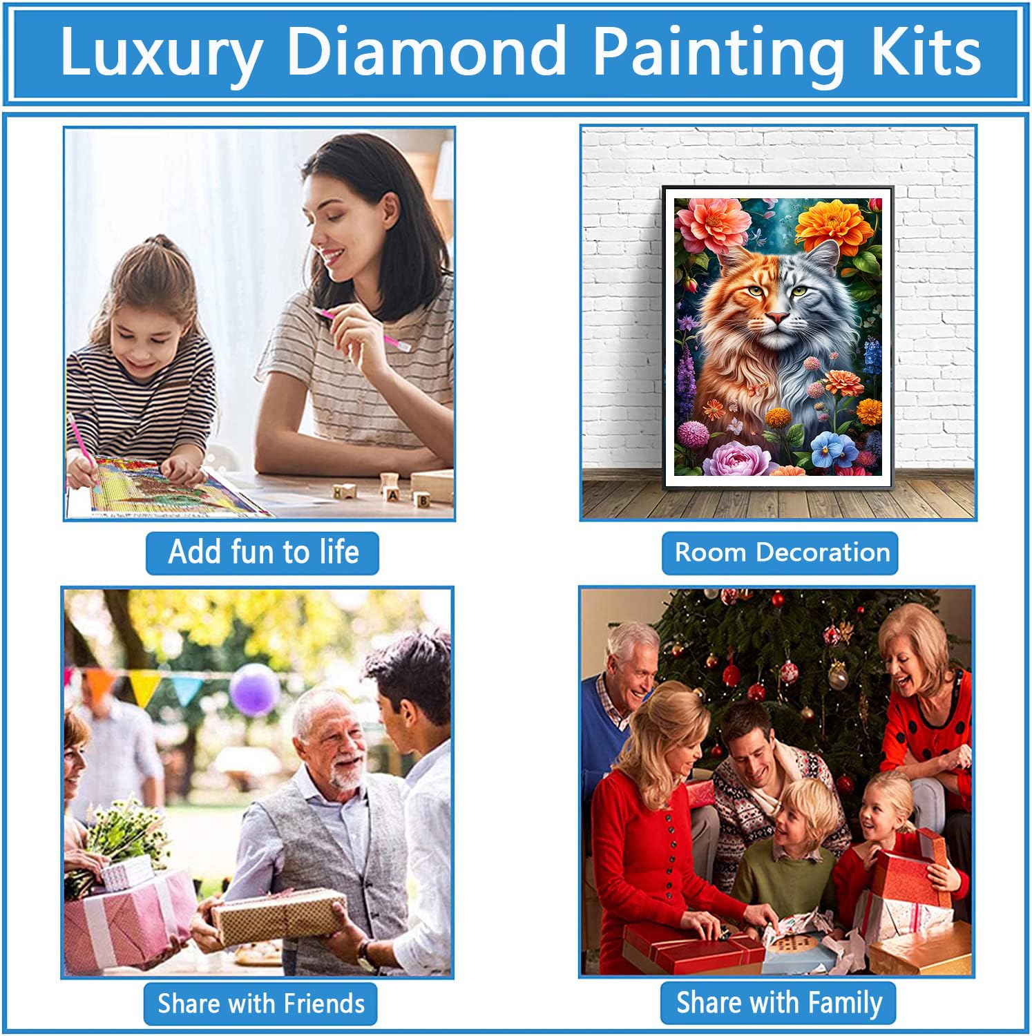 QINRUBB 5D Drôle De Chat Peinture Diamant Painting Kit, DIY Chaton Art Du Diamant Complet Kits, Fantaisie Diamond Art Strass Point De Croix Painting Pour Adultes Débutants Maison Décor 30X40cm