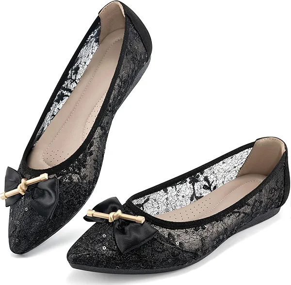 Flats for Women Dress Shoes: Comfortable Pointed Toe Bowknot Lace Womens Ballet Flats Dressy - Fashion Floral Slip On Casual Shoes for Wedding Party Dating