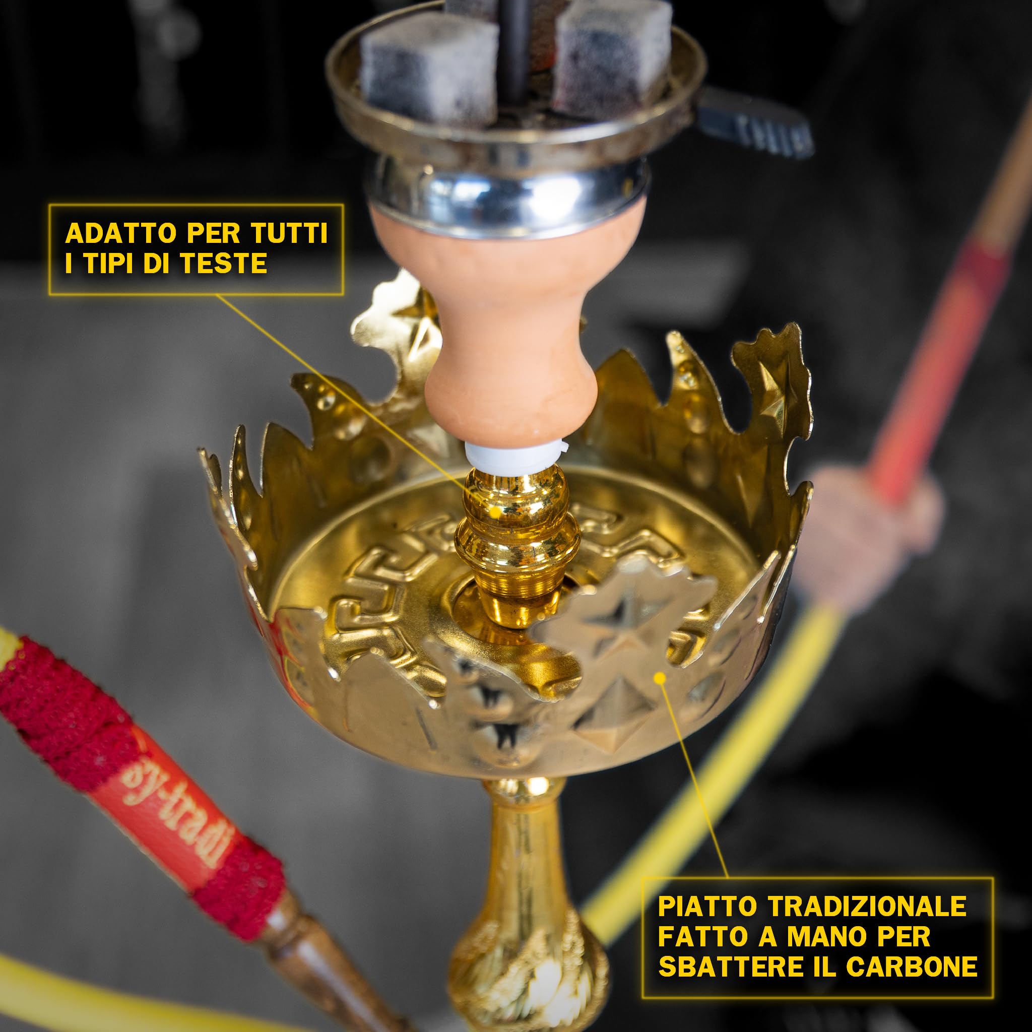 Shisha Tradicional Narmer 70 cm | Cachimba Artesanal con Tubo de Cuero, Cabezal de Terracota, Gestor de Calor y Porta Carbón Dorado Incluido