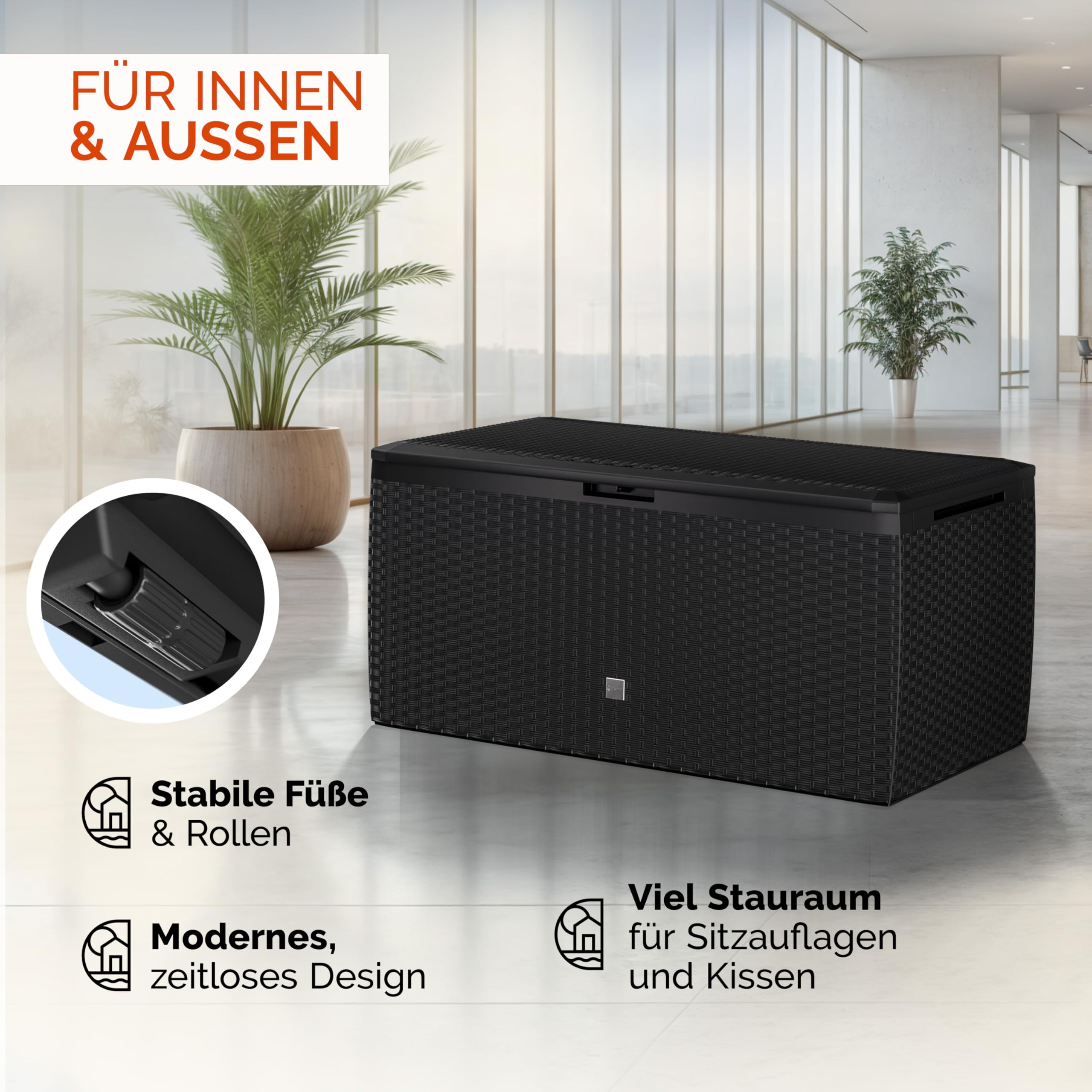 Casaria® Gartenbox Auflagenbox abschließbar Anthrazit 290L UV-beständig Haltegriffe Rollen Verschlussvorrichtung Balkon Garten Kissenbox Aufbewahrungsbox 114x47cm Wetterfest Korbgeflecht