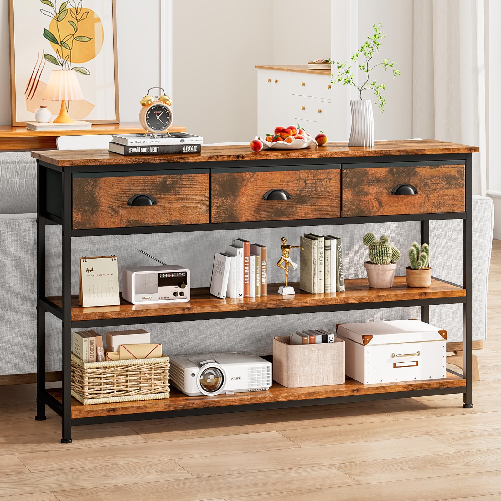 Consola Recibidor con 3 Cajones de Estilo Industrial | 120 × 29 × 77 cm, Marrón Vintage, Ideal para Recibidores, Pasillos, Salones, Cocinas o Junto al Sofá