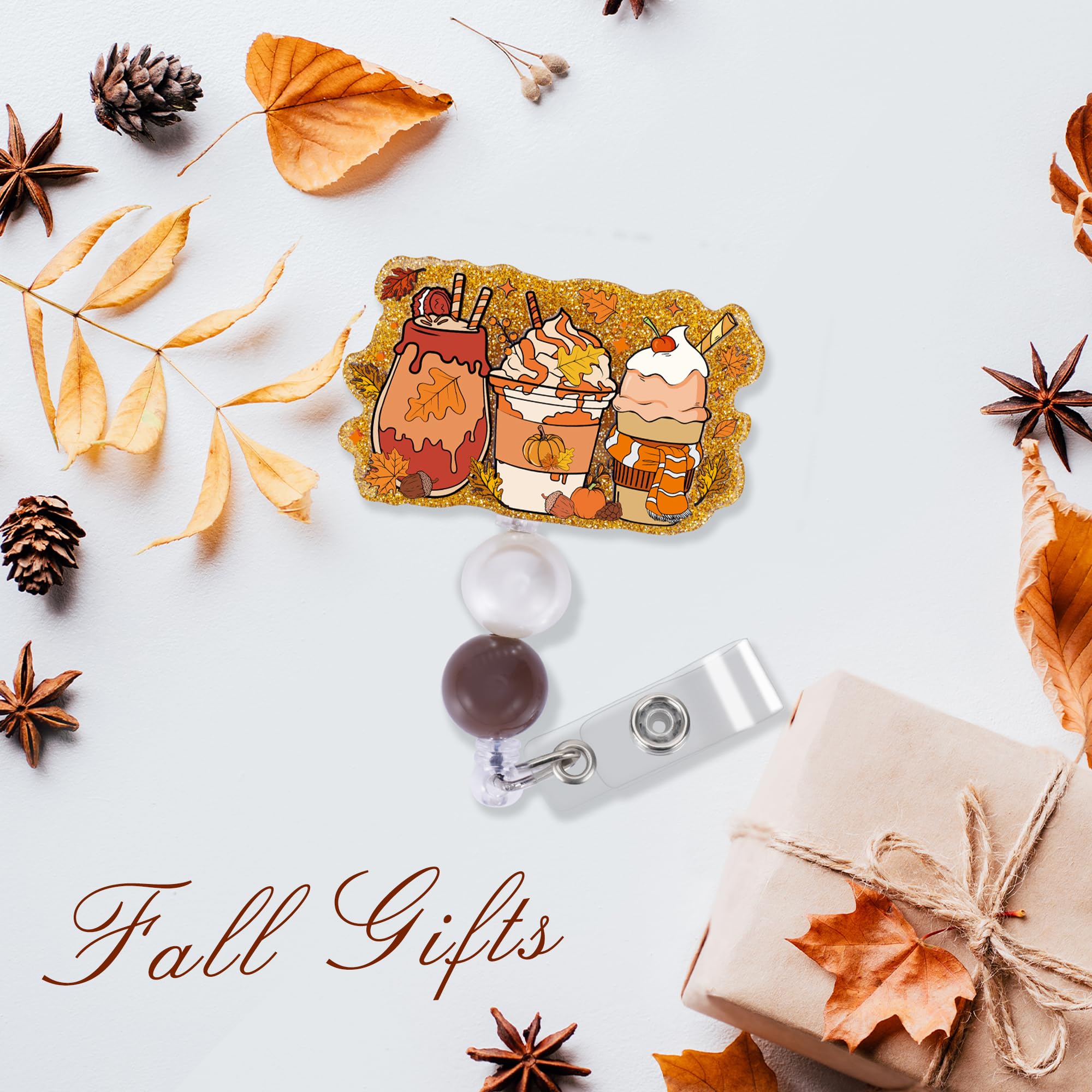 Fall Nurse Badge Reel Retractable - Autumn Leaves & Ice Cream Design With Glitter & Beads