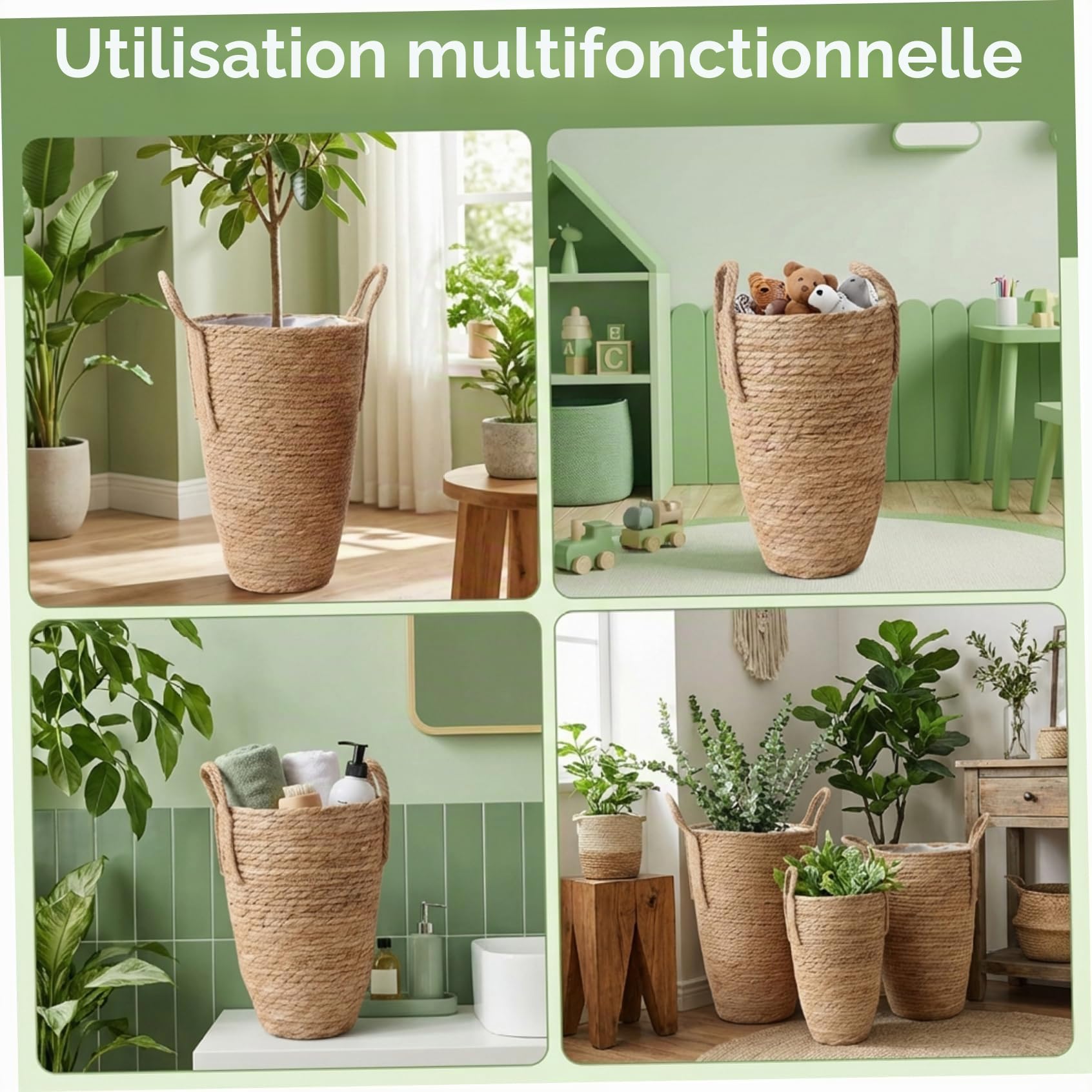 Lot de 3 Pots de Fleurs en rotin, 3 Tailles, Panier à Plantes tissé en jonc mer avec Doublure imperméable, paniers à Plantes d'intérieur avec poignée pour Balcon, décoration la Maison