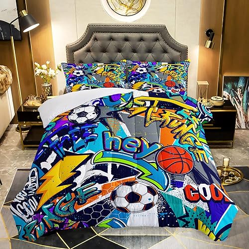 Miniatura 1 de AILONEN Juego de edredón de fútbol para dormitorio de niños adolescentes, juego de ropa de cama con temática de baloncesto, tamaño matrimonial,