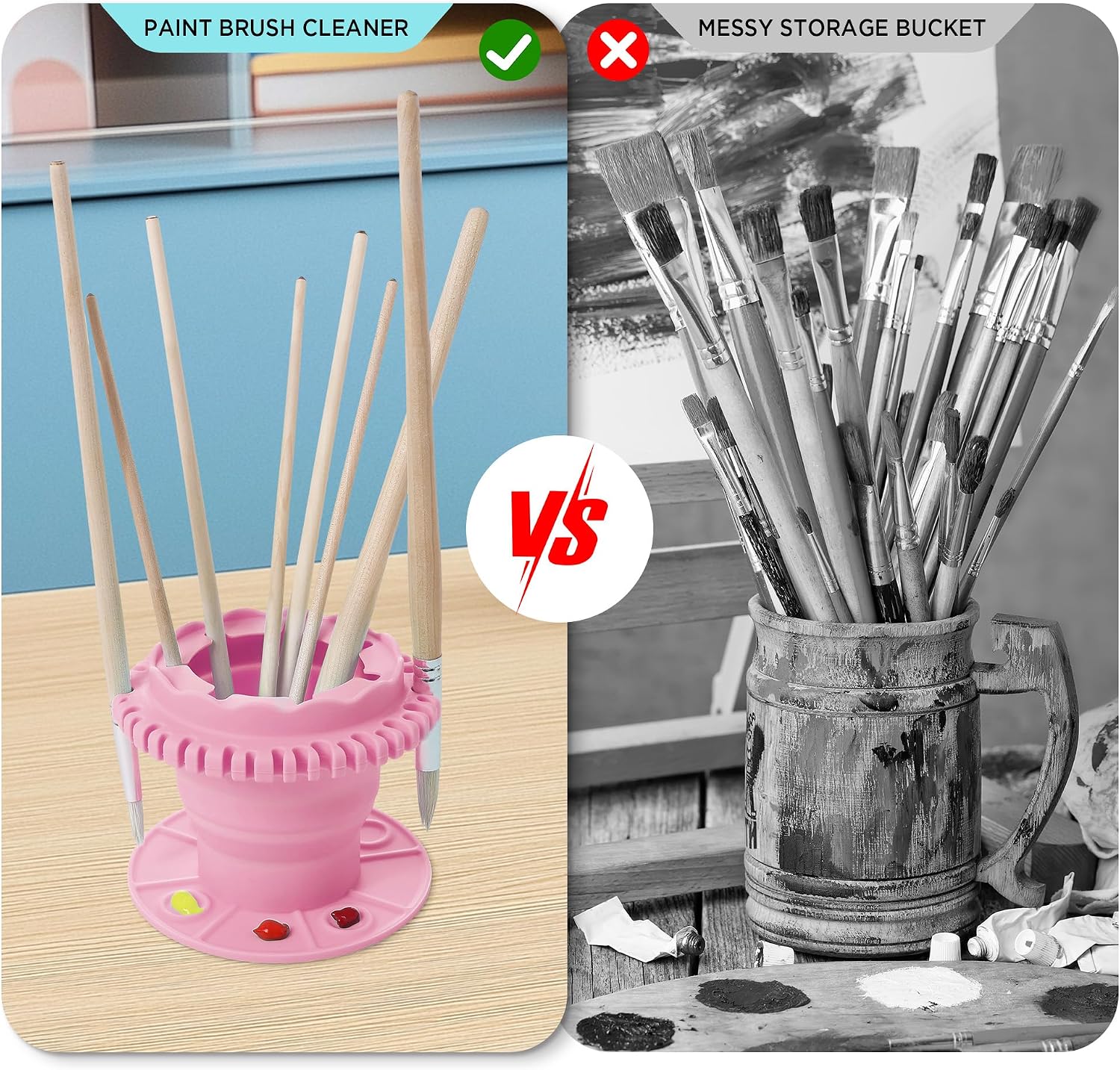 SESENSE Paint Brush Cleaner - Foldable Silicone Paint Brush Cleaner Rinse Cup with Palette and 40 Brush Storage Holder for Classroom Studio Outdoor Painting (1, Pink)