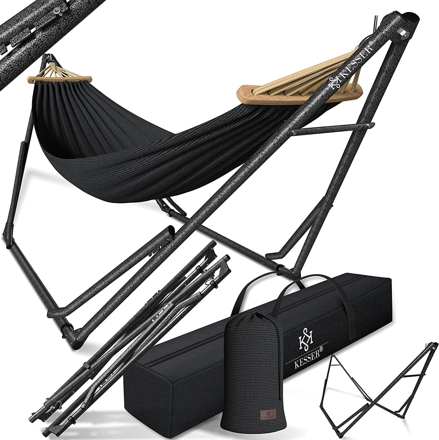 KESSER® Hamaca Vill con estructura de metal, plegable, ajustable, marco estable, para interior y exterior, con bolsa de transporte y bolsa, hamaca colgante, para camping, jardín, piscina, balcón,