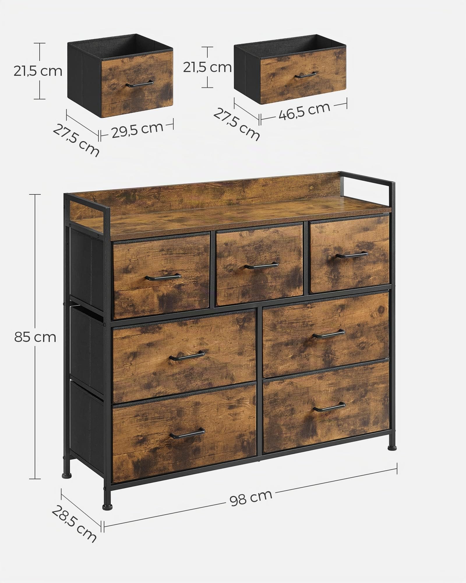 SONGMICS BELLAH Kollektion - Kommode, Schrank, 7 Stoffschubladen mit Griffen, Metallgestell, Industrie-Design, vintagebraun-tintenschwarz LTS137BH01