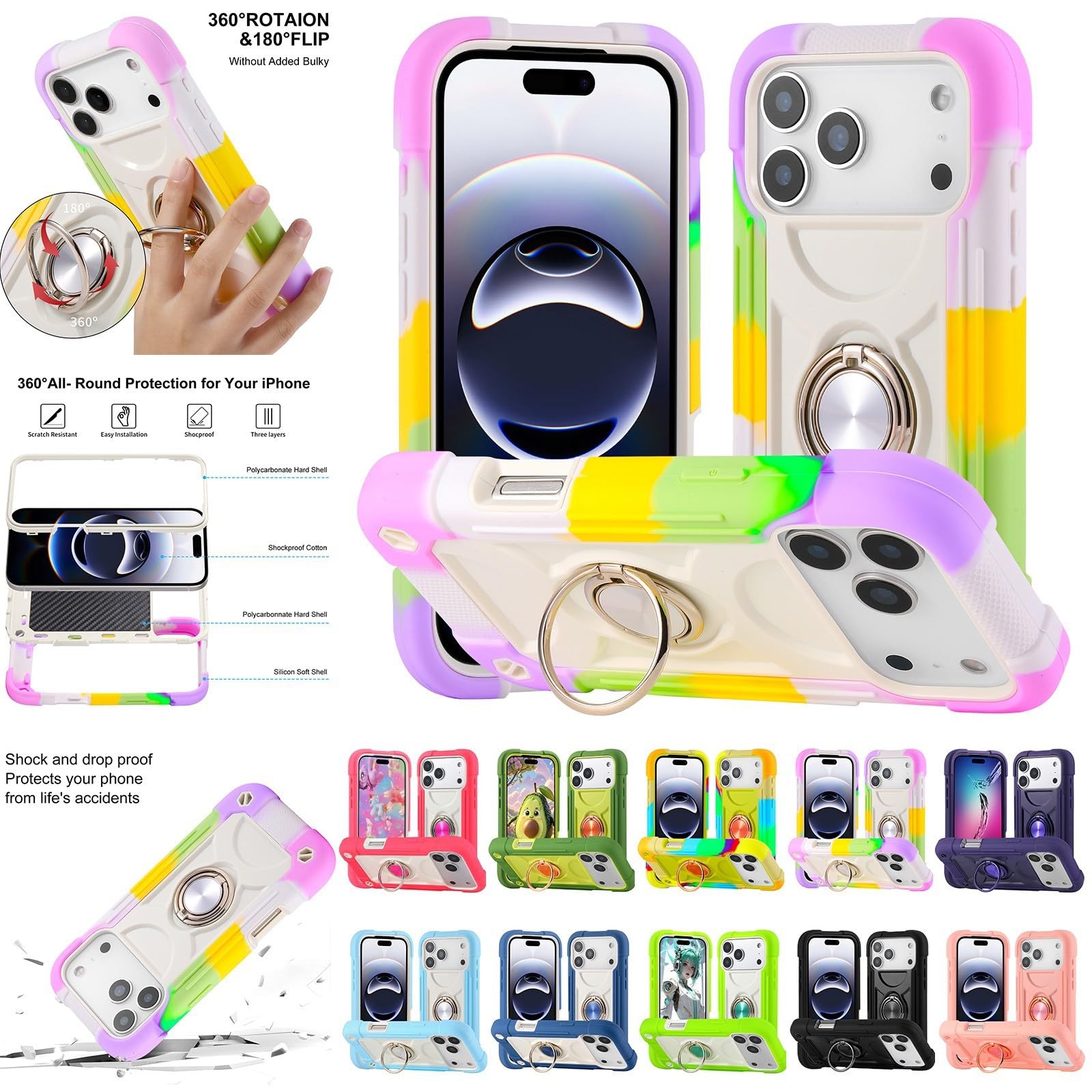 Generic Compatible con iPhone 13 (color: arcoíris1), funda completa de triple capa de silicona dura de alta calidad