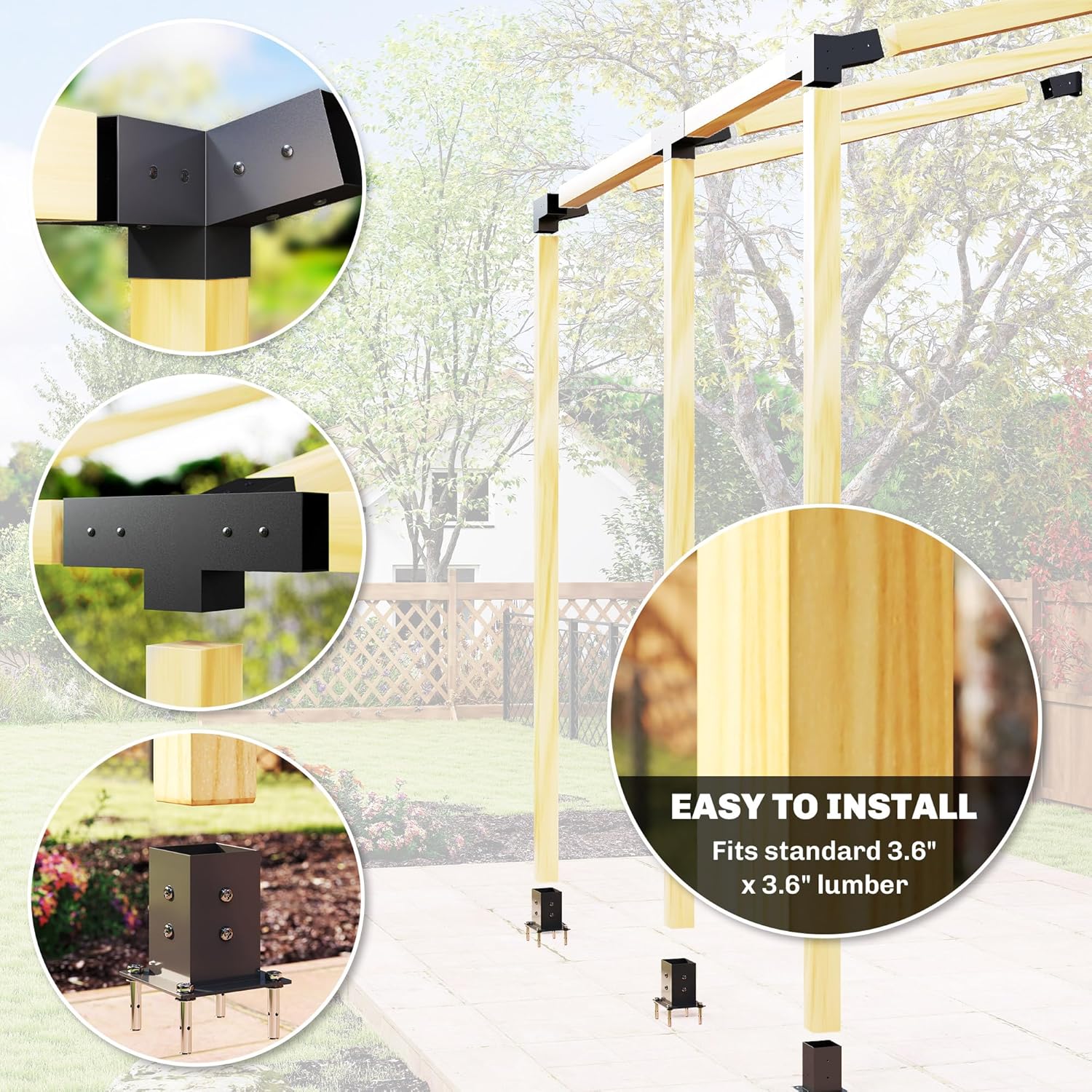 Outsunny Pergola Kit, 15° Slanted Roof Pergola Bracket Kit with 4-Way/3-Way Corner Brackets, Post Bases, Wall Mounts for 4"x 4" (Actual 3.6" X 3.6") Lumber, 9 PCS DIY Hardware with Screws, Black