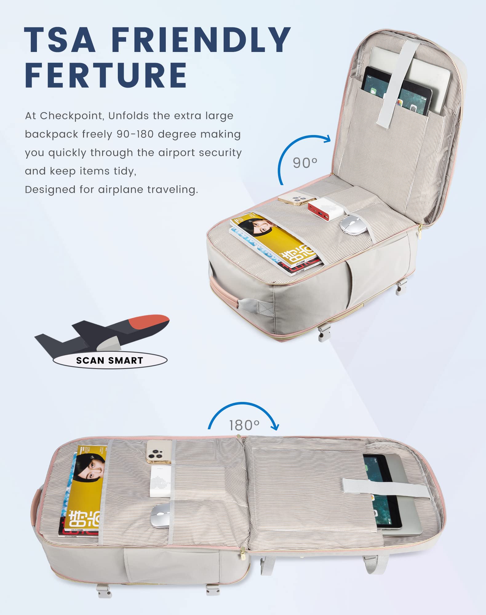 LOVEVOOK Zaino da Viaggio Aereo Bagaglio a Mano, Impermeabile Zaini Trolley Bagaglio Donna 40L Cabin Max per Ryanair Easyjet, Grande Zaino Porta PC 17 Pollici Valigia Borsa a Zainetto